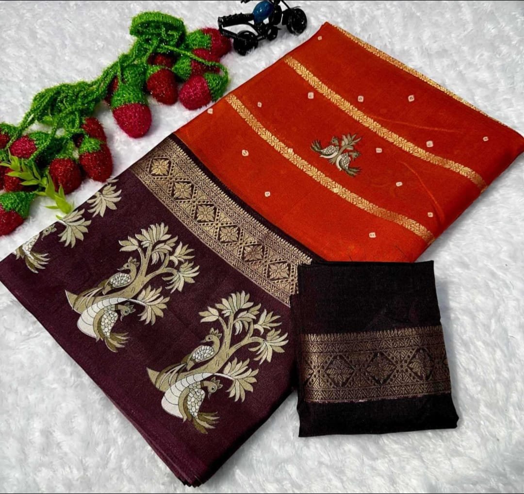 Dola silk saree with kalamkari border & contrast blouse