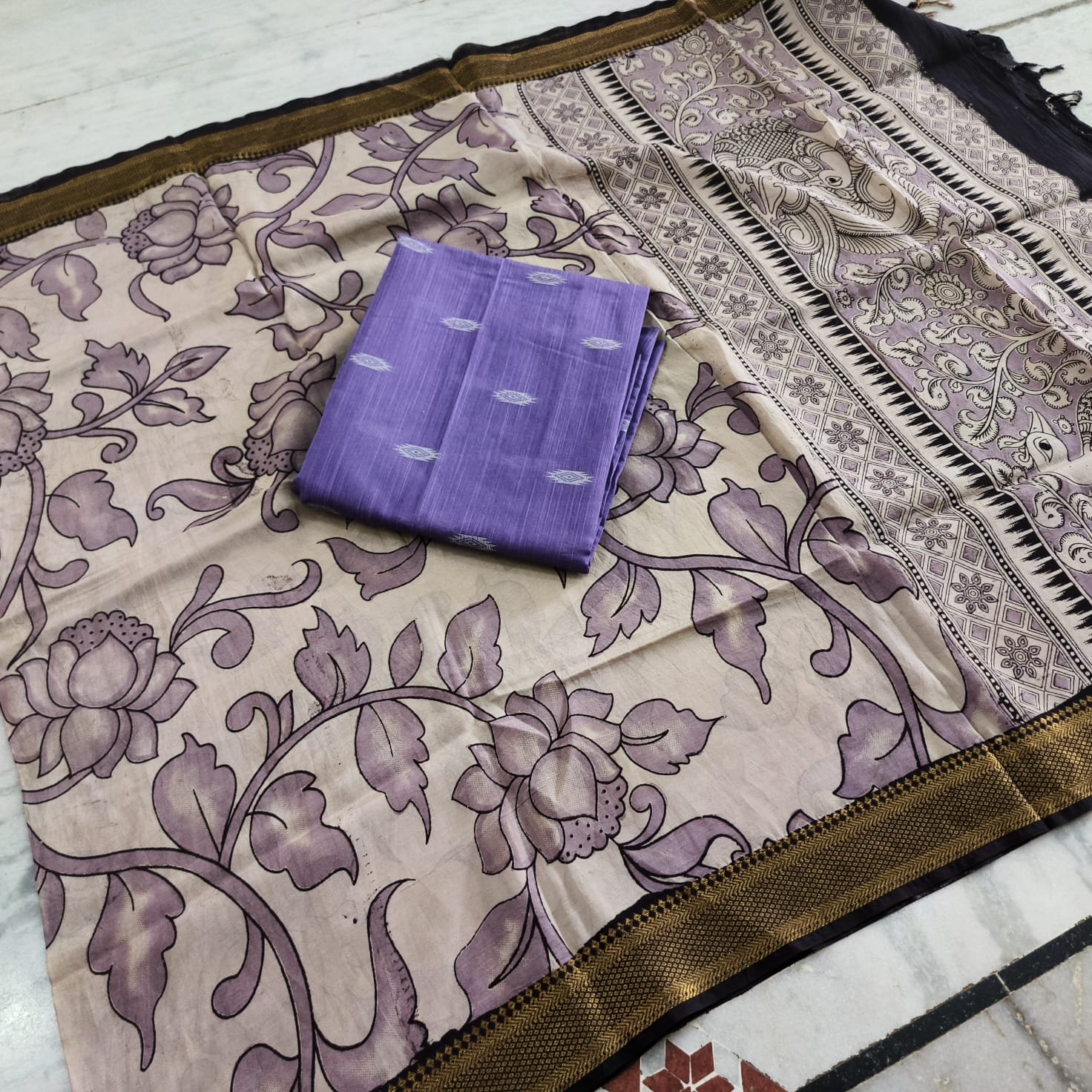Raw silk fabric (2.5 meters) with chendhuri silk kalamkari duppata