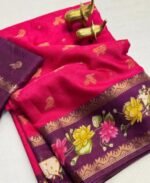 Mangalgiri saree with pichwai print & contrast blouse - Image 2